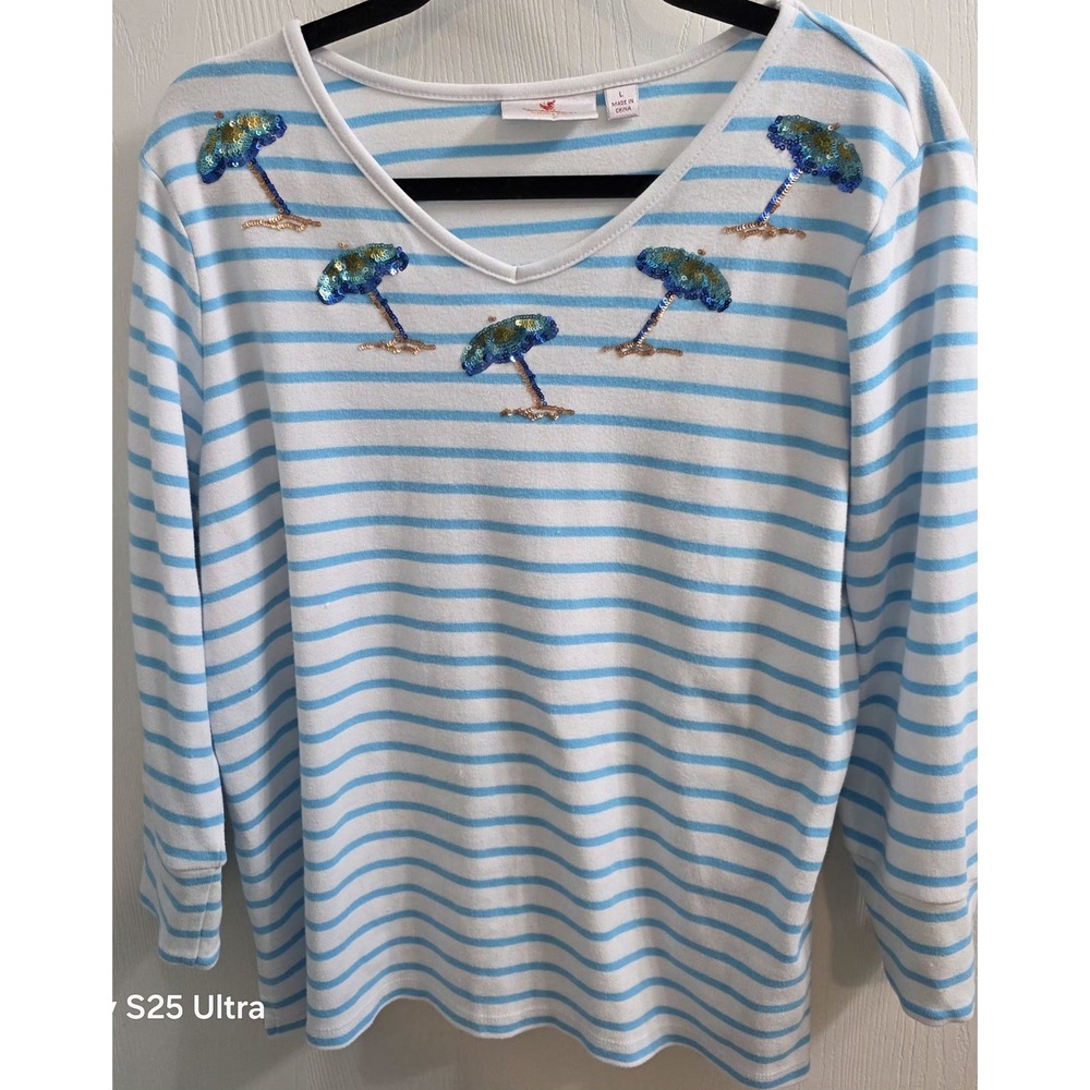 Quacker Factory Blue Striped Shirt Palm Tree sequin beaded  Beachy Coastal L
